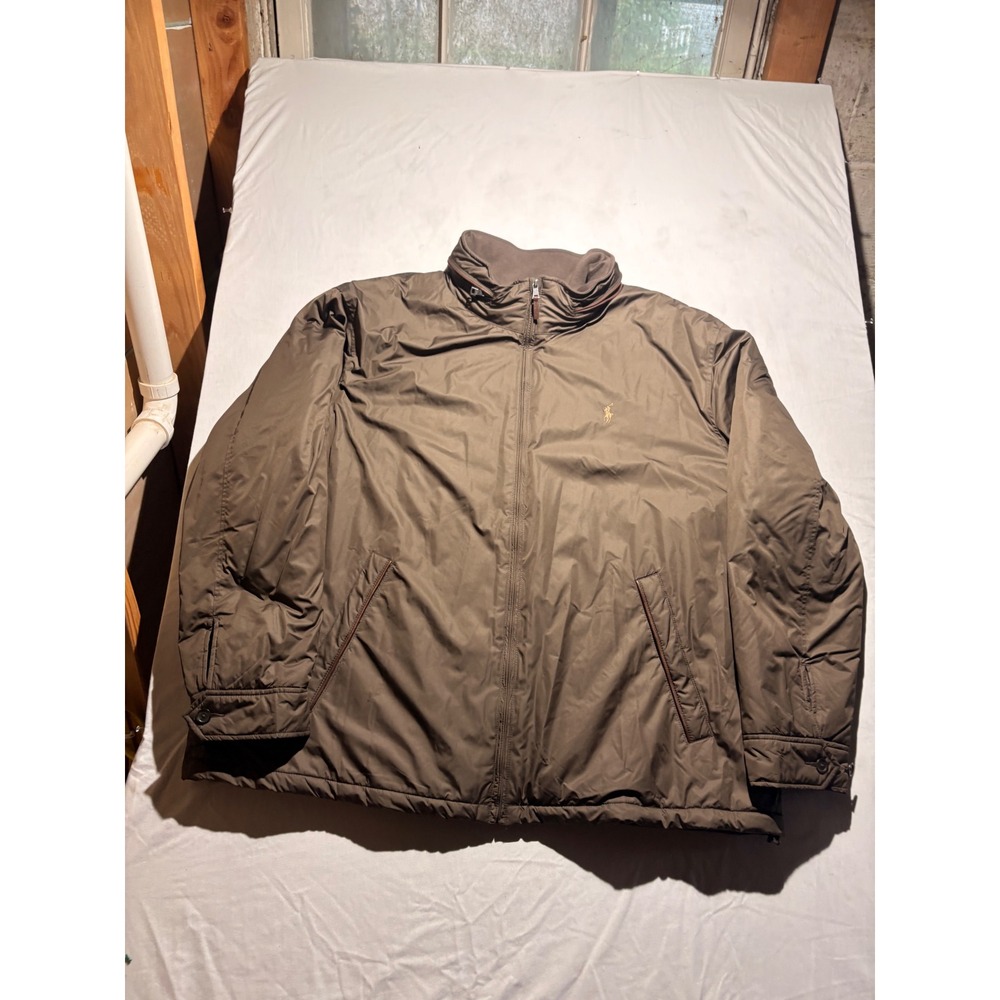 Polo Ralph Lauren Mens 3XB Brown Full Zip Jacket Leather Trim Stowaway Hood